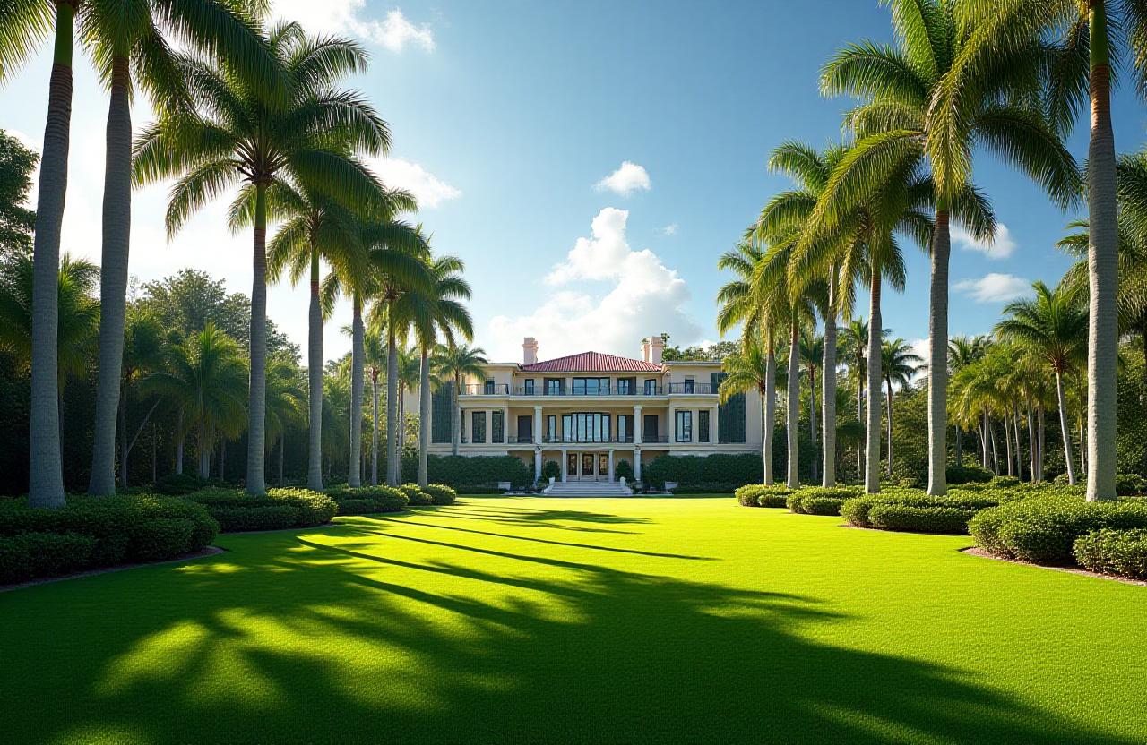 Lush green manicured lawn with palm trees in Miami