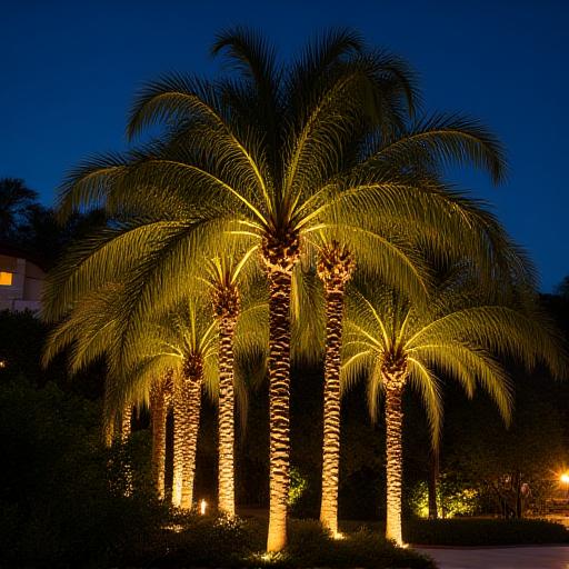 Dramatic landscape lighting design highlighting palm trees at night, creating an elegant ambiance