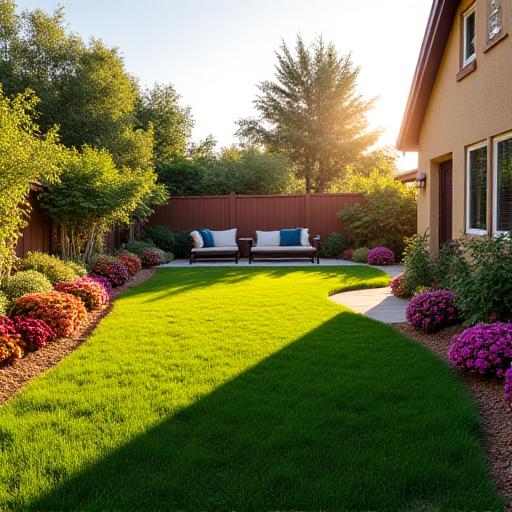 Residential backyard transformed into a lush oasis with new sod and flower beds