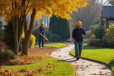 Landscapers cleaning up leaves and debris in a yard