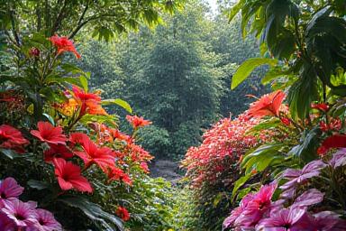 Vibrant tropical garden with hibiscus and heliconia